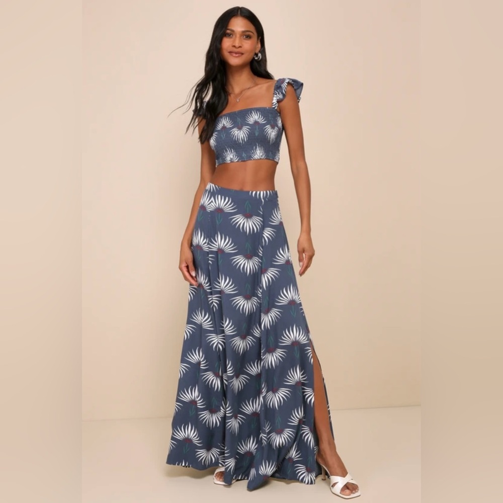 Dusty Blue Floral Print Two-Piece Maxi Dress